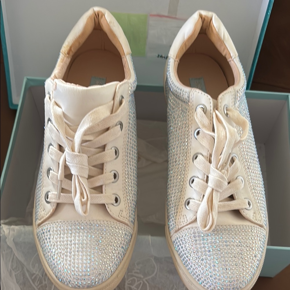 Betsey Johnson Cream and Silver Sparkle Sneakers